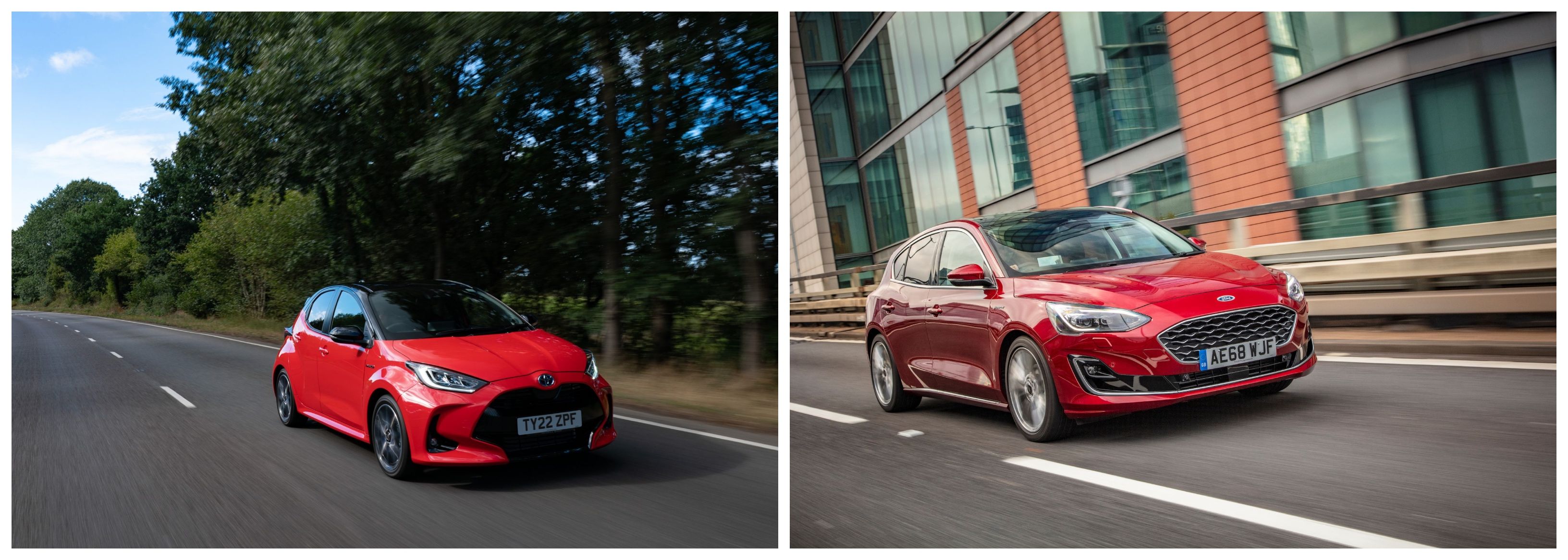 Red Toyota Yaris and Red Ford Focus driving