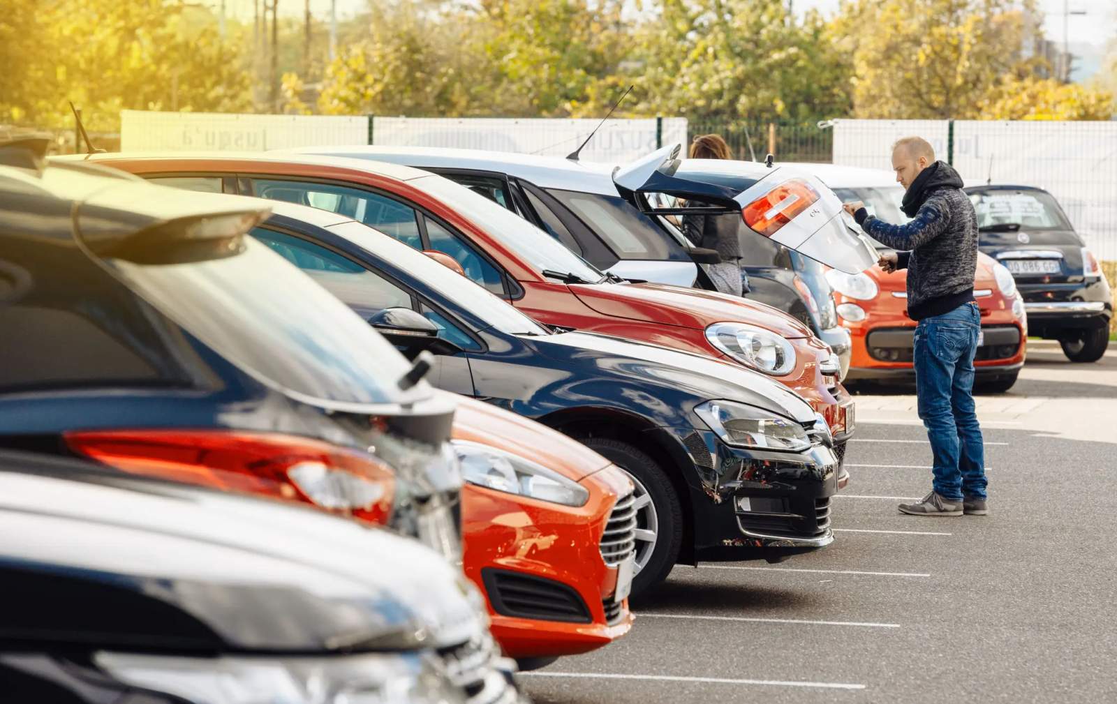 man looking at many used cars