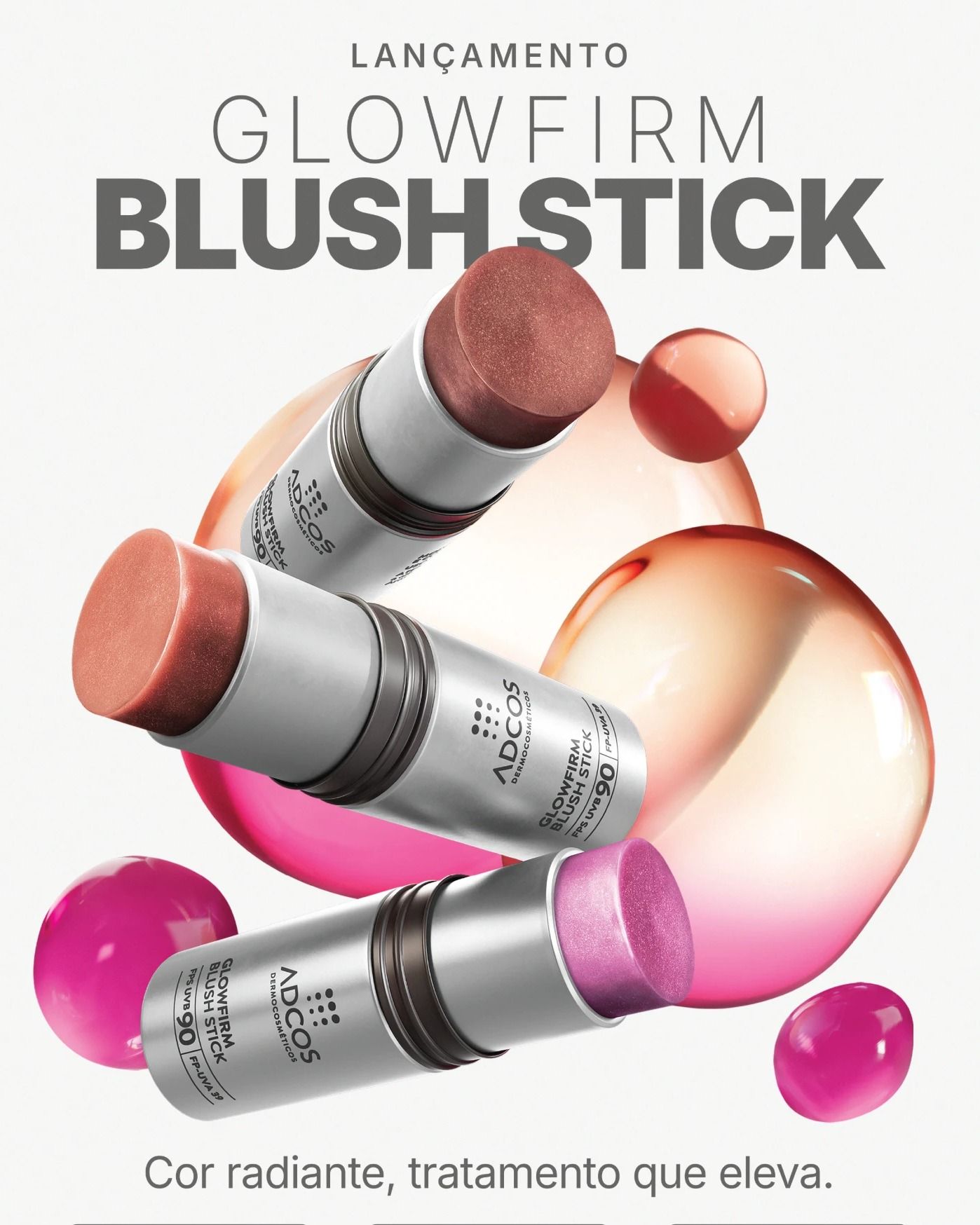 Peça de lançamento do ADCOS Glowfirm Blush Stick, com os três tons do produto