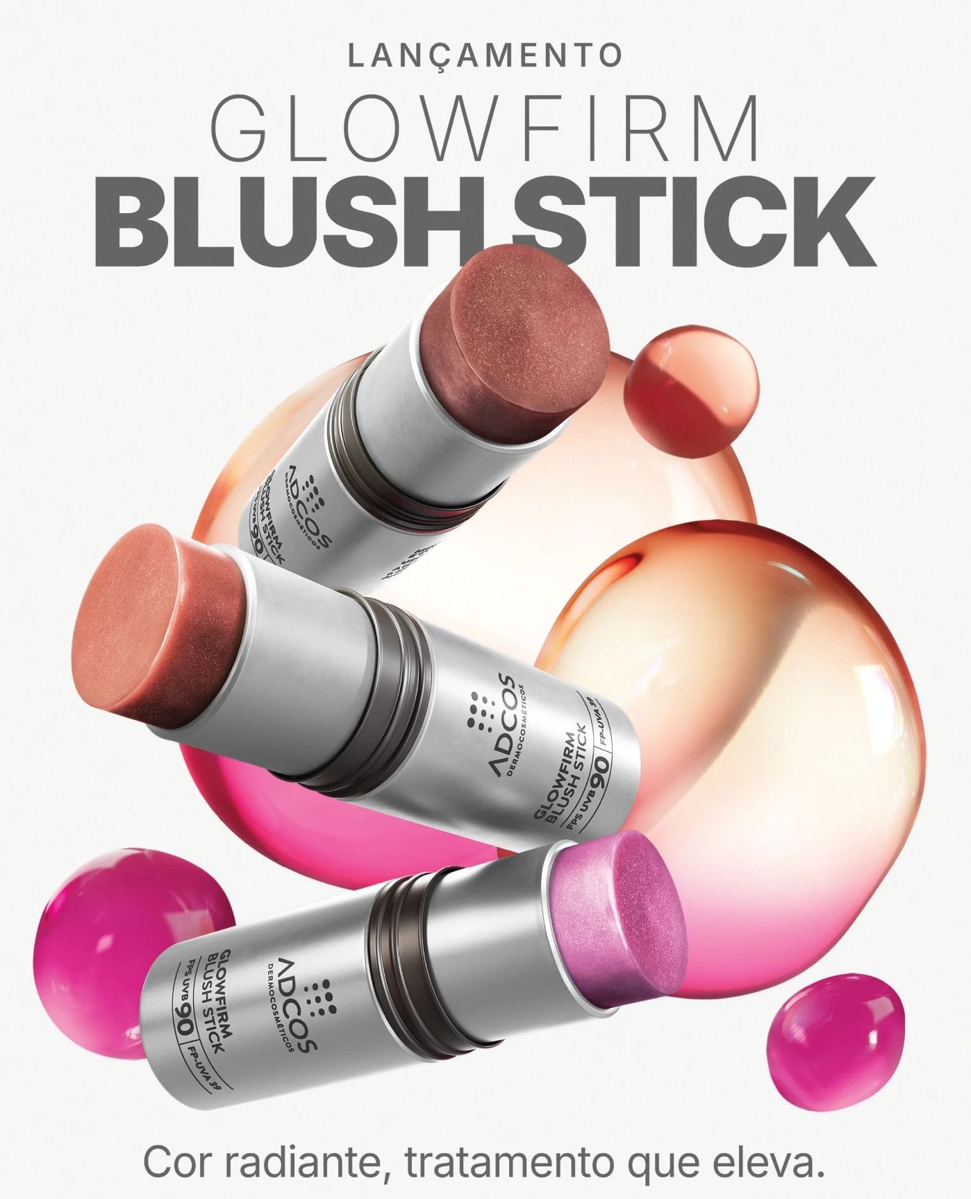 Peça de lançamento do ADCOS Glowfirm Blush Stick, com os três tons do produto