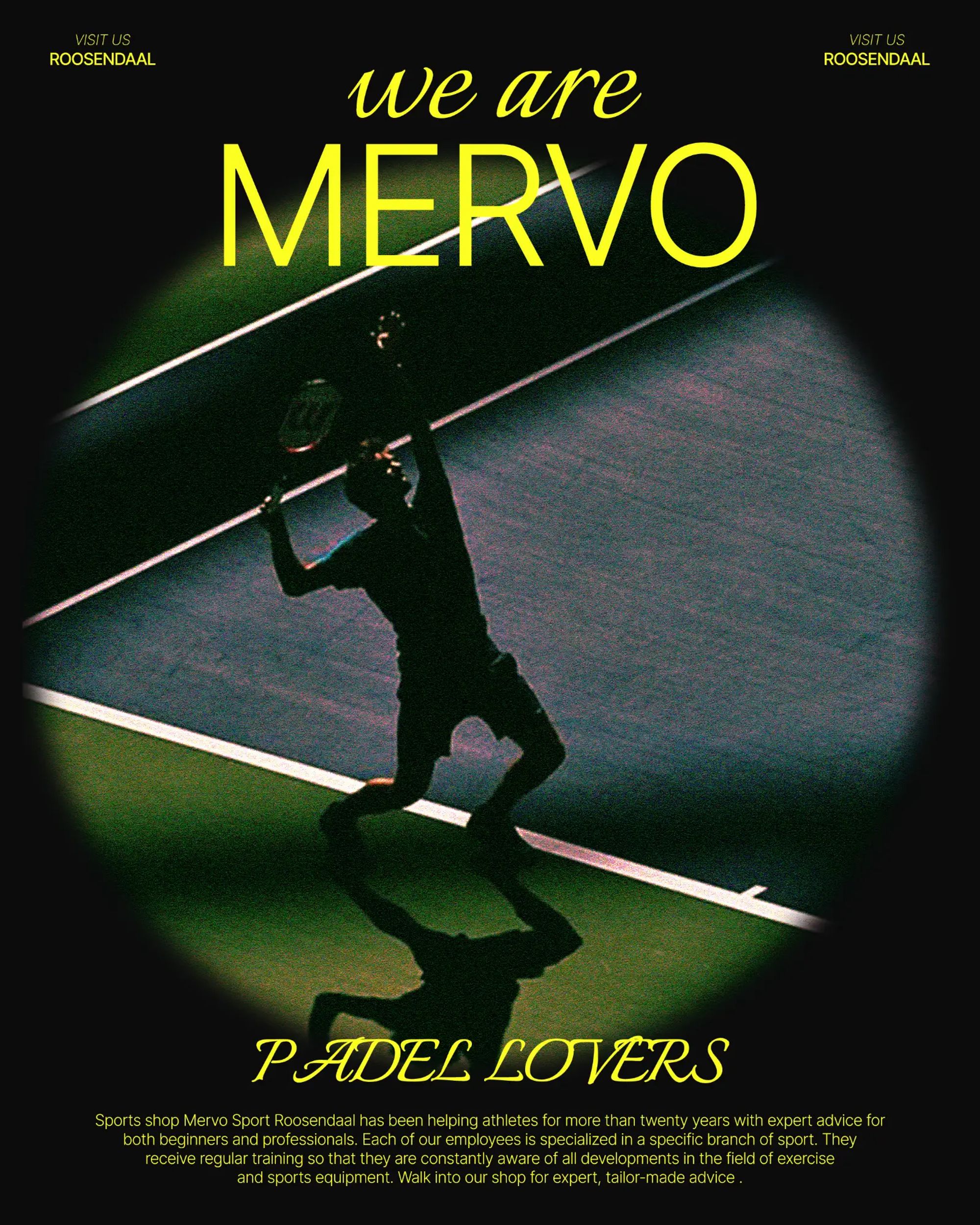 Cartaz "We are Mervo" com um jogador de padel em silhueta