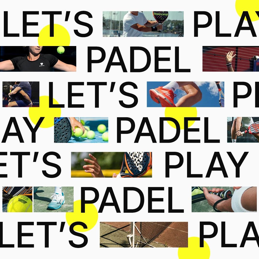 Peça tipográfica "Let's play padel" com fotos de padel