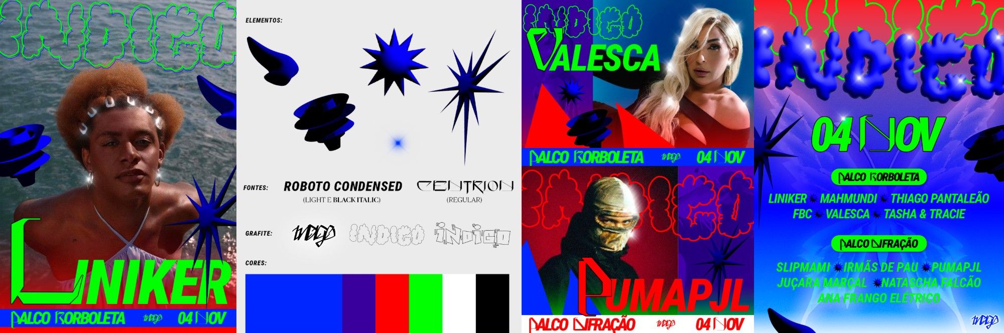 Sistema de cartazes e elementos gráficos do Indigo Festival