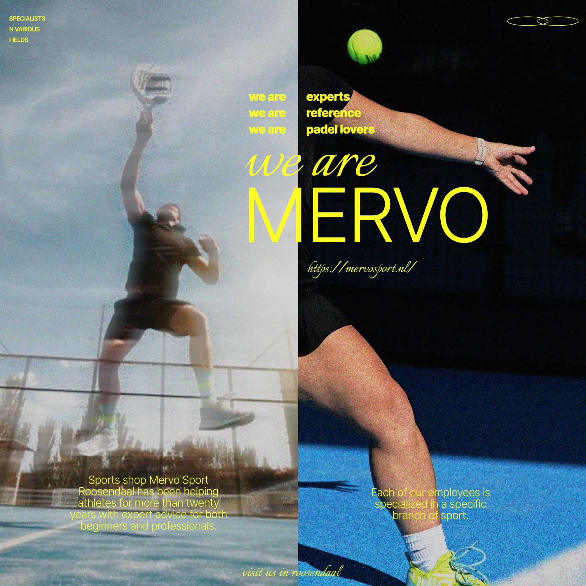 Peça "We are Mervo" com duas fotos de padel lado a lado