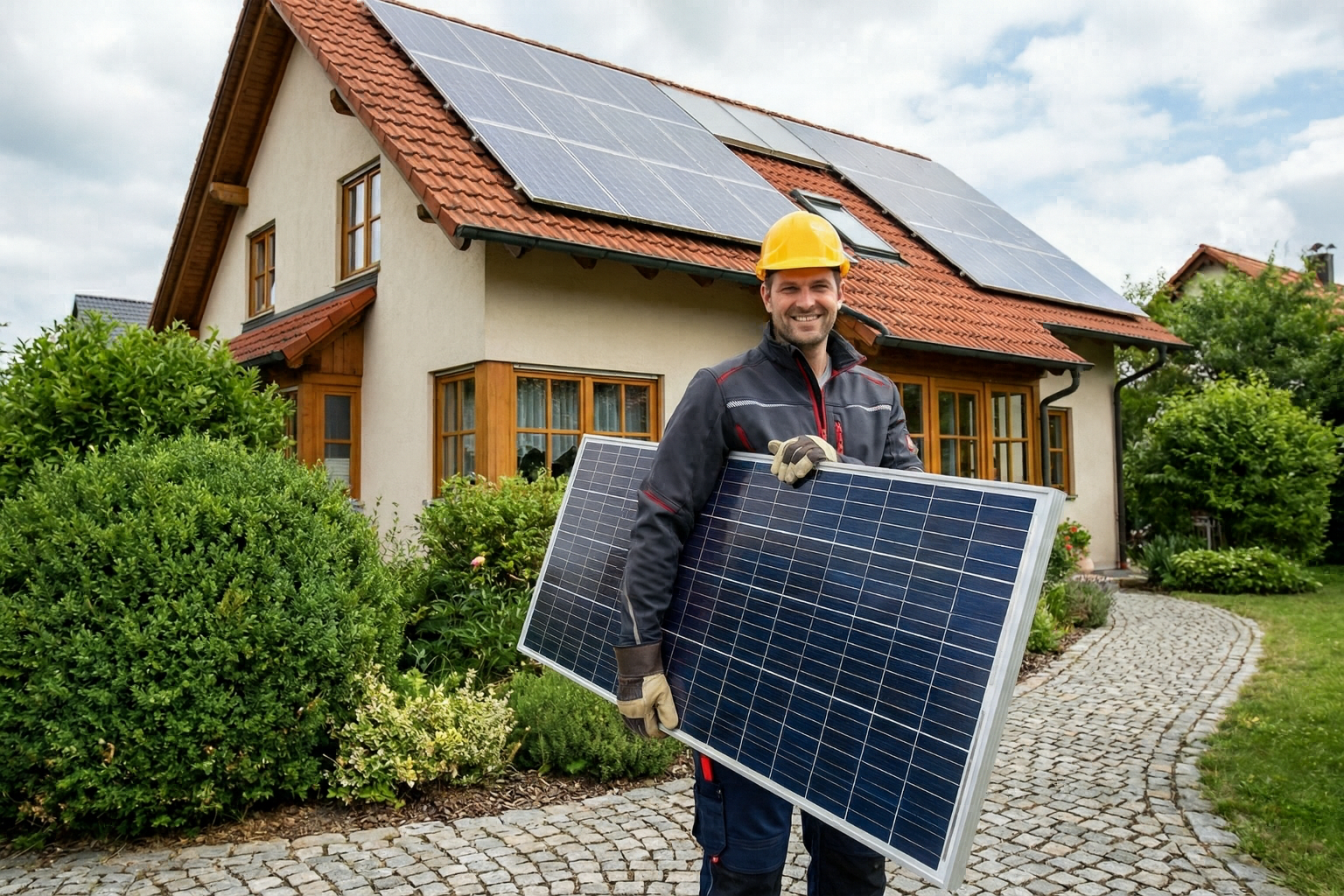 Solarteur installiert Solaranlage auf Einfamilienhaus