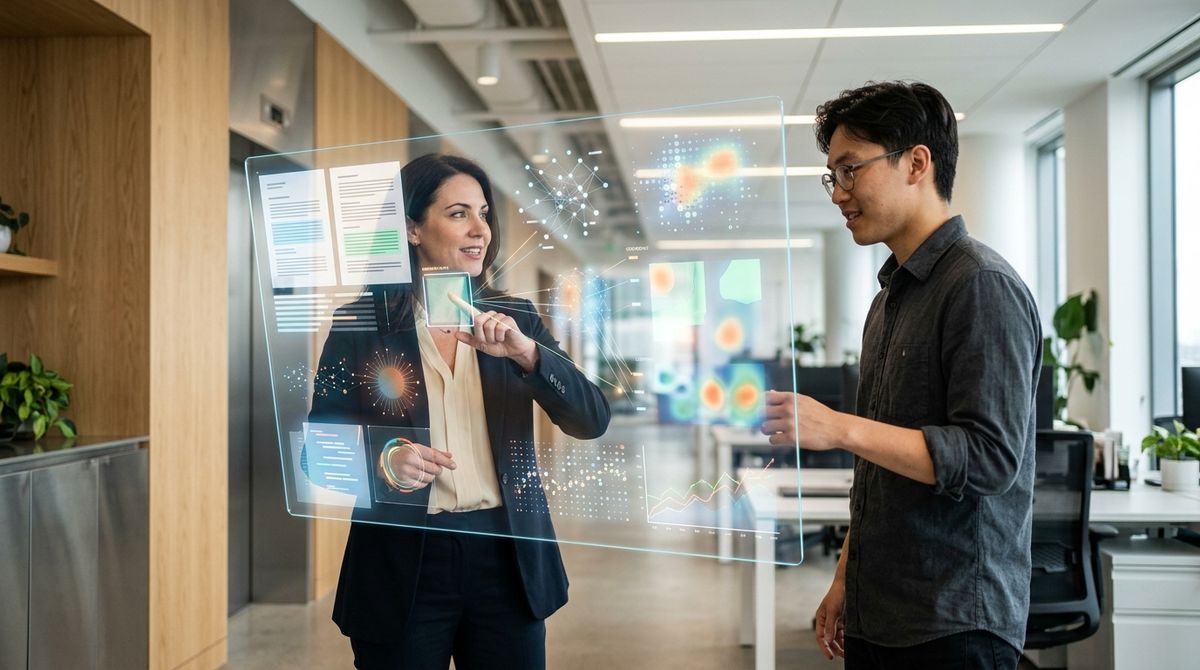 Two professionals collaboratively reviewing AI-generated insights on a transparent digital display in a modern office.