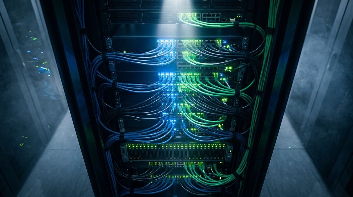 Overhead view of a server rack with glowing cables in a cool-toned data center, symbolizing data retrieval.