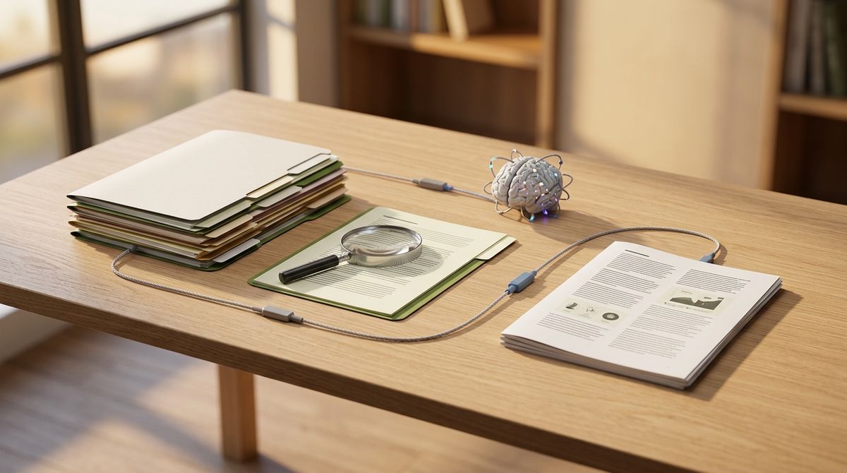 Organized desk setup showing document folders, a magnifying glass, an AI brain model, and a report, symbolizing a RAG pipelin