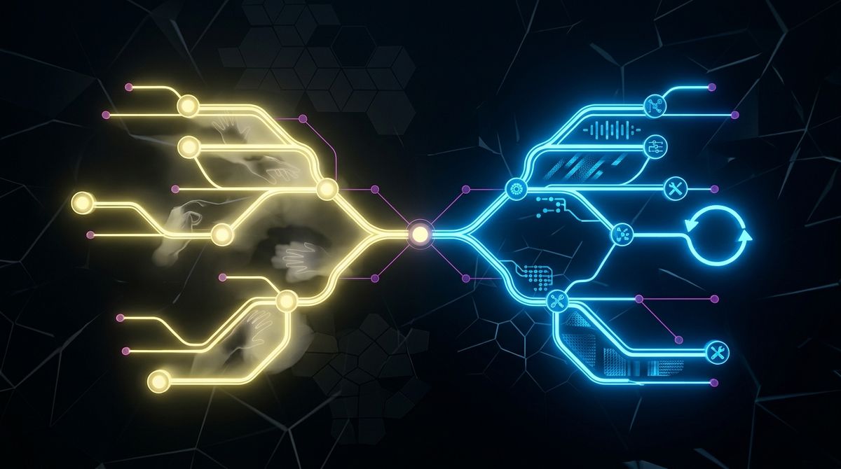 Abstract neural network diagram showing two distinct pathways: human-assisted copilot workflows and autonomous agent processe
