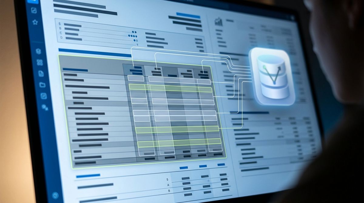Digital interface displaying a financial report with a table highlighted, showing extracted data flowing into a vector databa