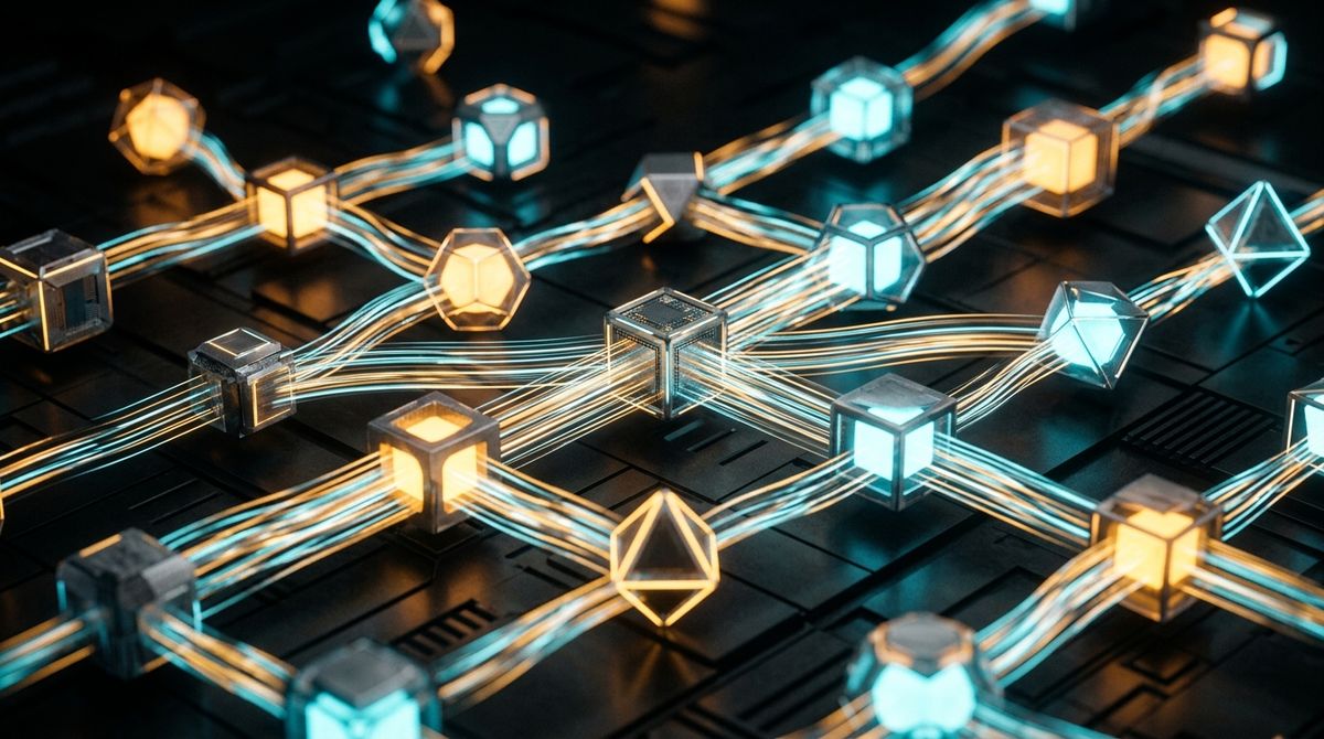 Close-up of interconnected glowing nodes and data streams, representing a complex event-driven AI agent workflow in a digital