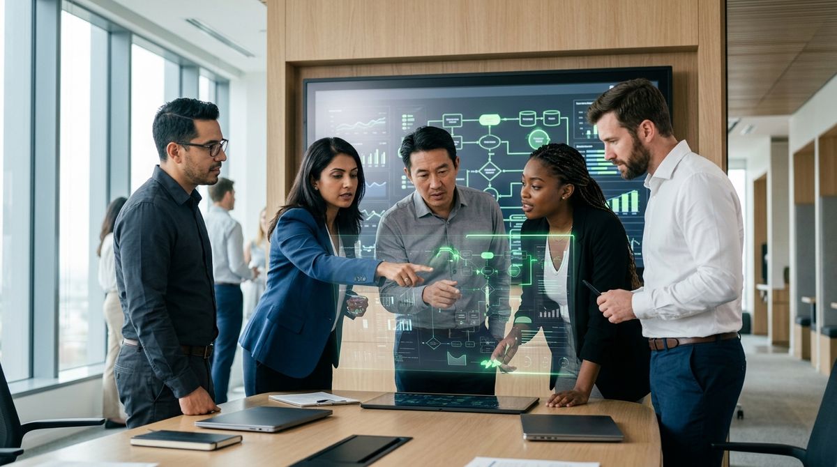 Diverse team collaborating around an interactive screen displaying business metrics, with subtle AI-assisted insights highlig