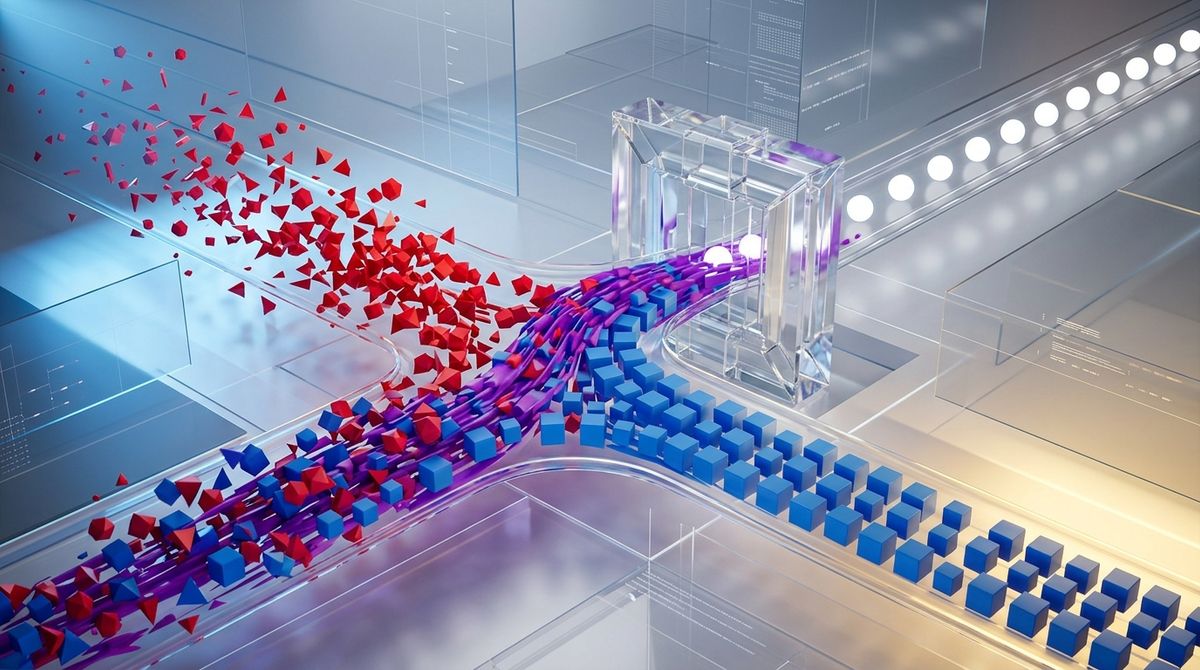 Abstract visual depicting two data streams, one chaotic and one structured, merging and then refined by a filter.