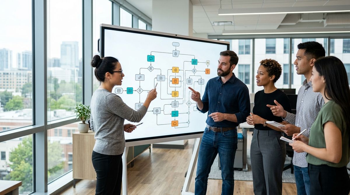 An engineering team collaborates around a detailed flow diagram on a whiteboard, illustrating an AI agent's decision-making p