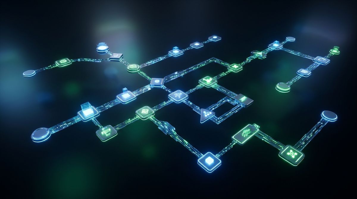 A 3D rendered abstract diagram showing an AI agent's multi-step decision-making and tool-use workflow with interconnected dig
