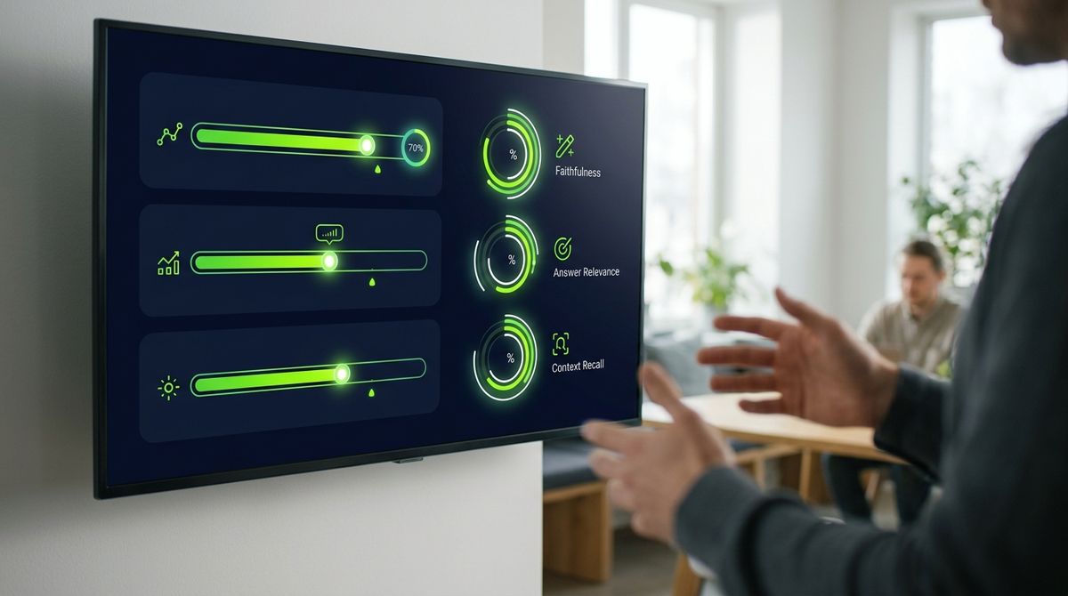 Digital dashboard showing 'Faithfulness', 'Answer Relevance', and 'Context Recall' scores for an AI system.