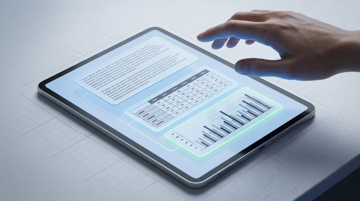 A digital tablet showing a document deconstructed into separate text, table, and chart components, with a hand interacting.