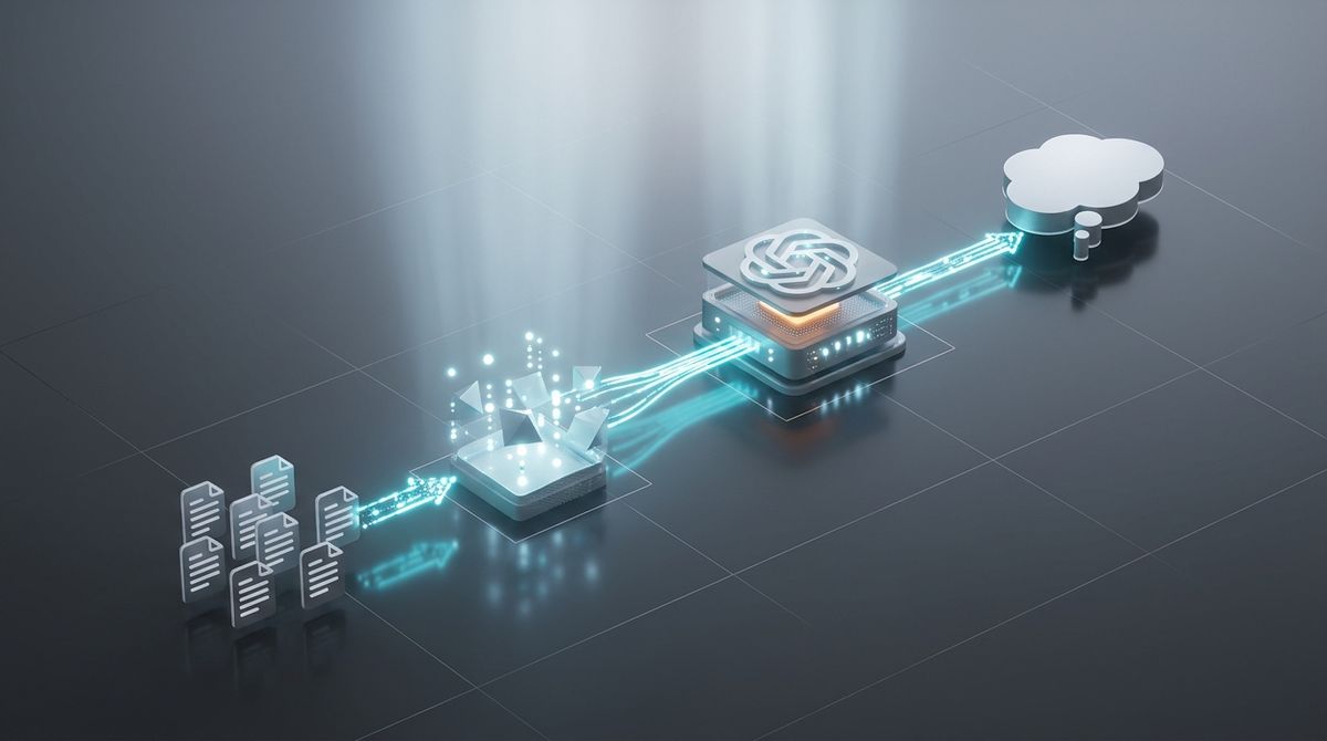Abstract 3D render of a RAG pipeline showing data flowing from documents to vector embeddings and an LLM.