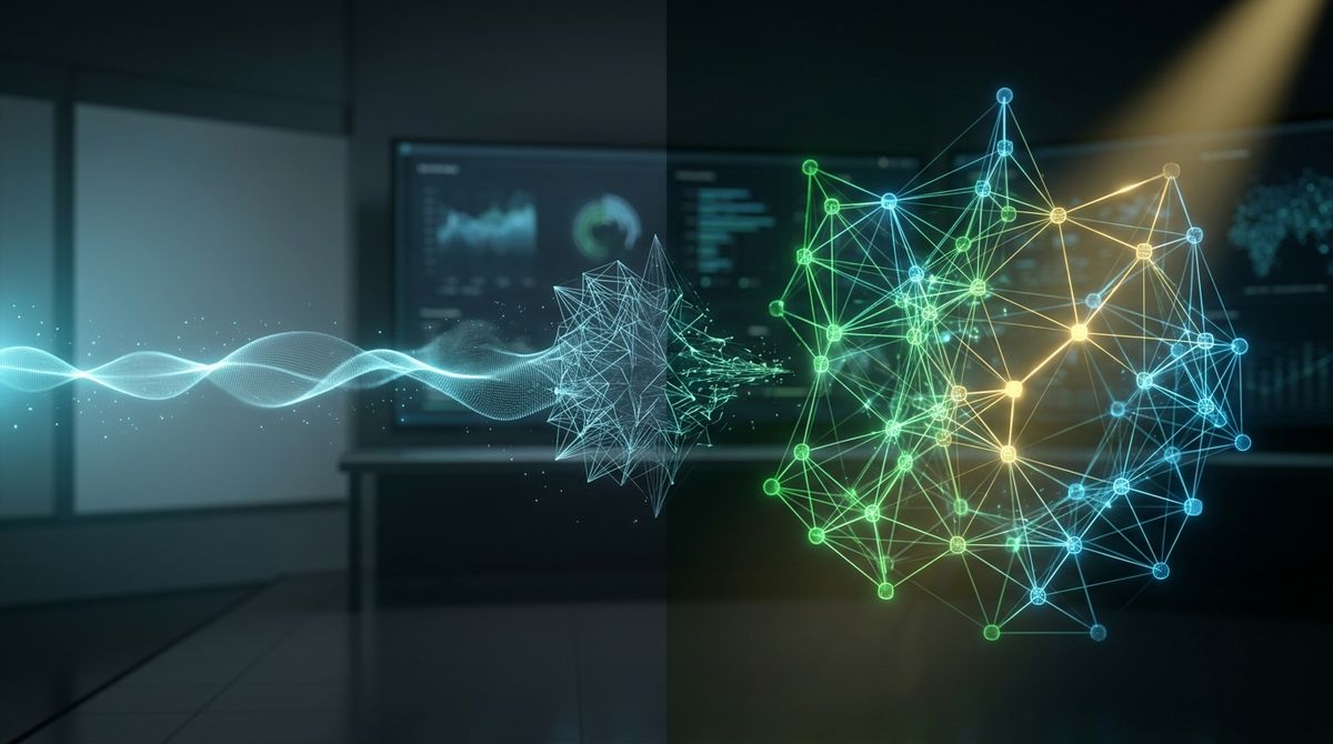 Visual representation of a query transforming into a vector, traversing a graph database to retrieve relevant knowledge.