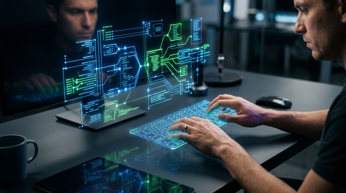 Developer's hands interacting with a holographic interface displaying a complex JSON schema, casting blue and green light.