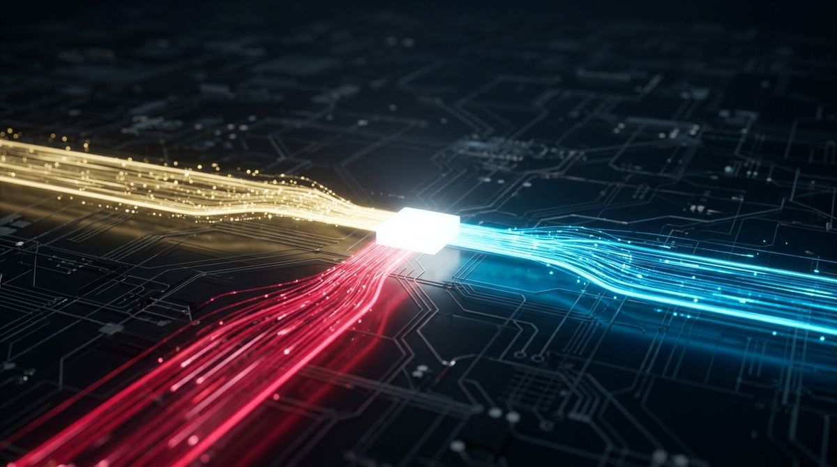 Conceptual representation of multiple glowing data pathways converging, symbolizing intelligent LLM request routing.