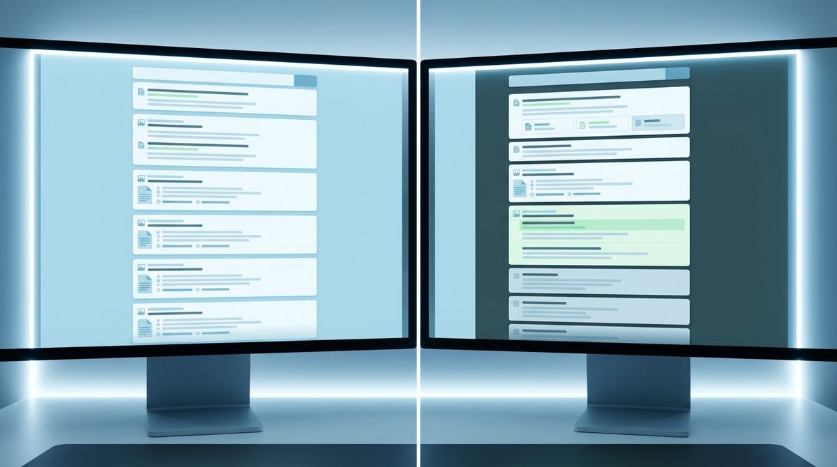 Digital dashboard comparing vector search results to improved reranked and hybrid search results, highlighting relevance.