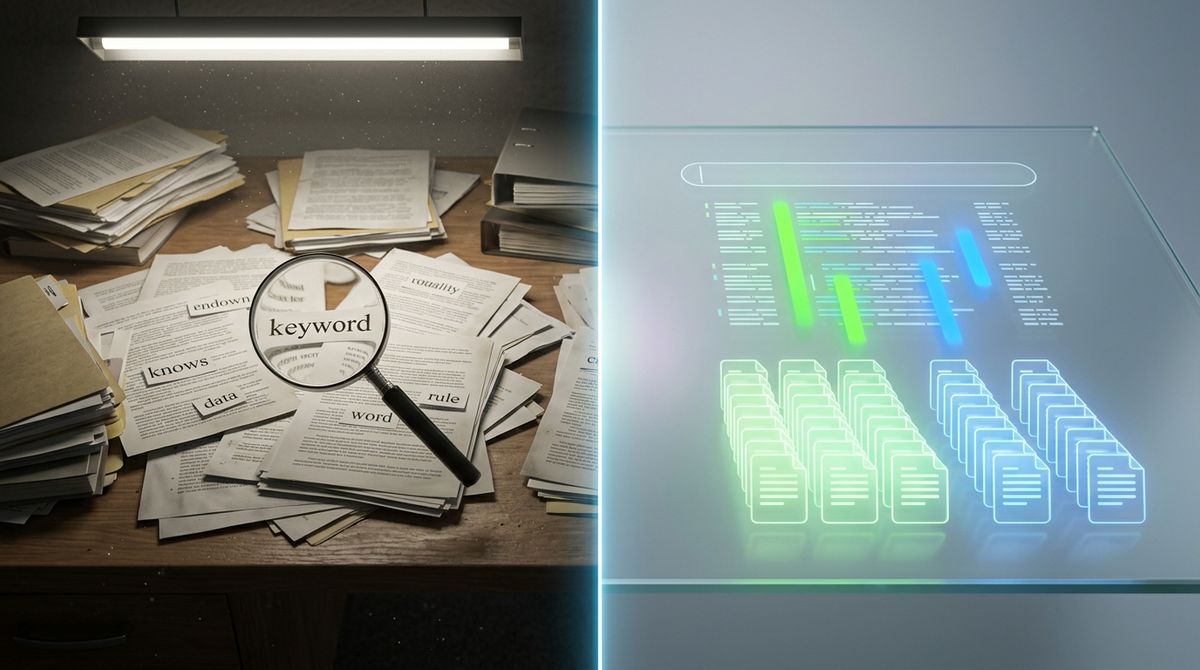 Split image comparing a chaotic keyword search (scattered papers) with an organized semantic search (contextual digital inter