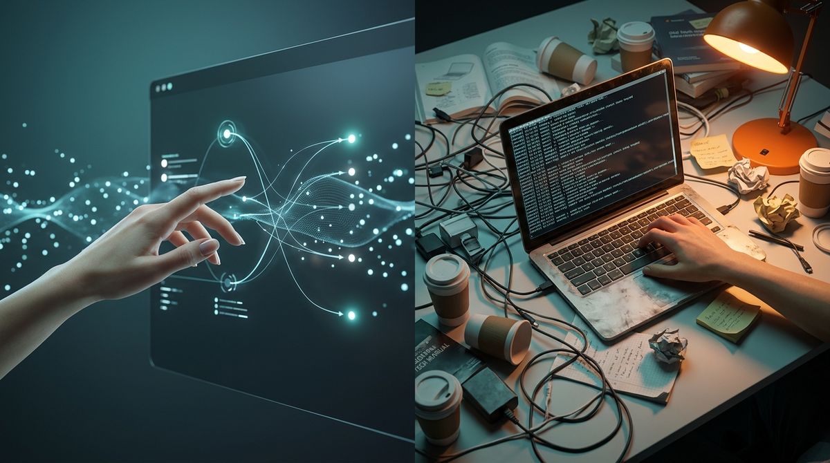 A visual comparison between a clean, efficient API interface on one side and a cluttered, error-prone self-hosting workspace 
