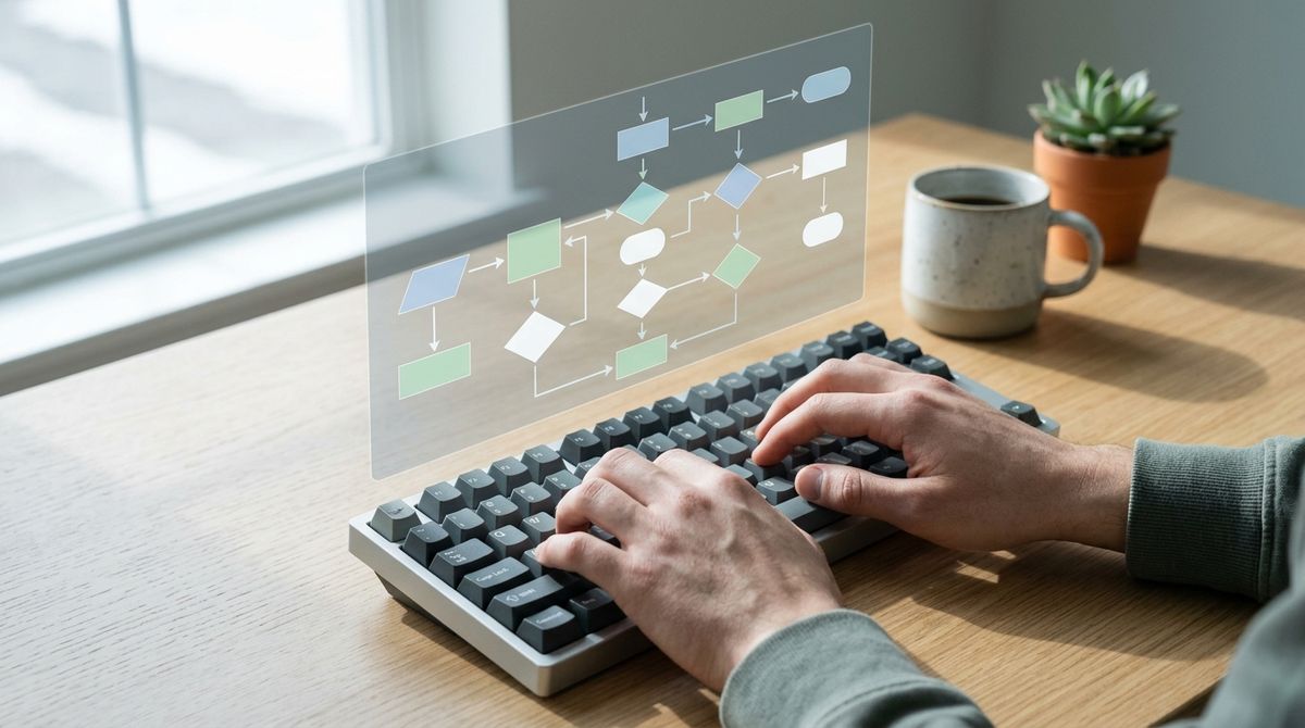 Developer's hands typing at a desk, with an abstract workflow diagram overlaying the screen, illustrating tool calls.