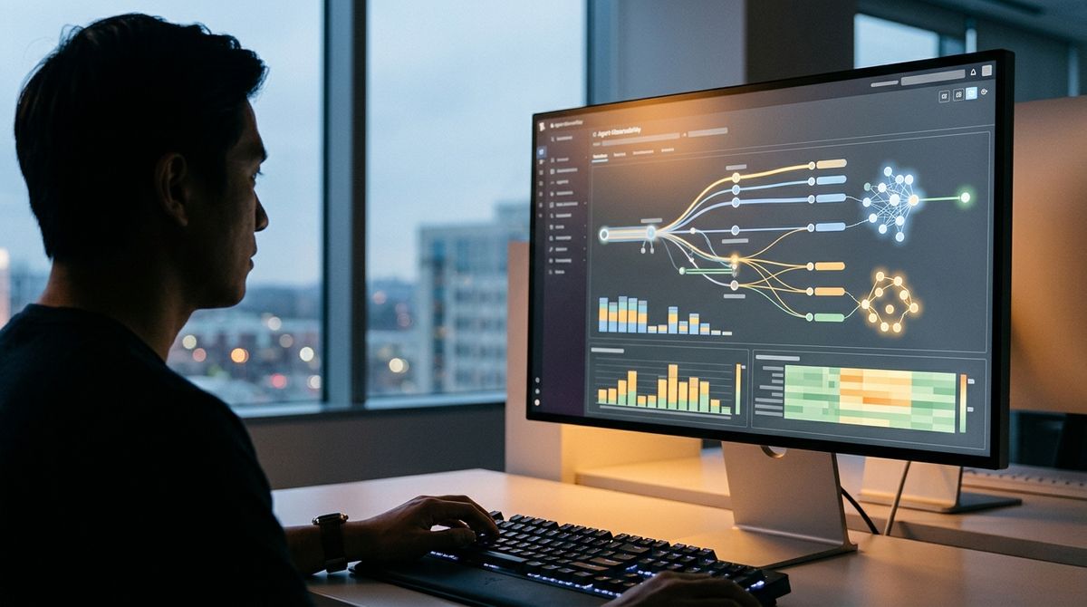Engineer monitoring an AI agent observability dashboard displaying tool calls, LLM traces, and latency metrics in a modern of