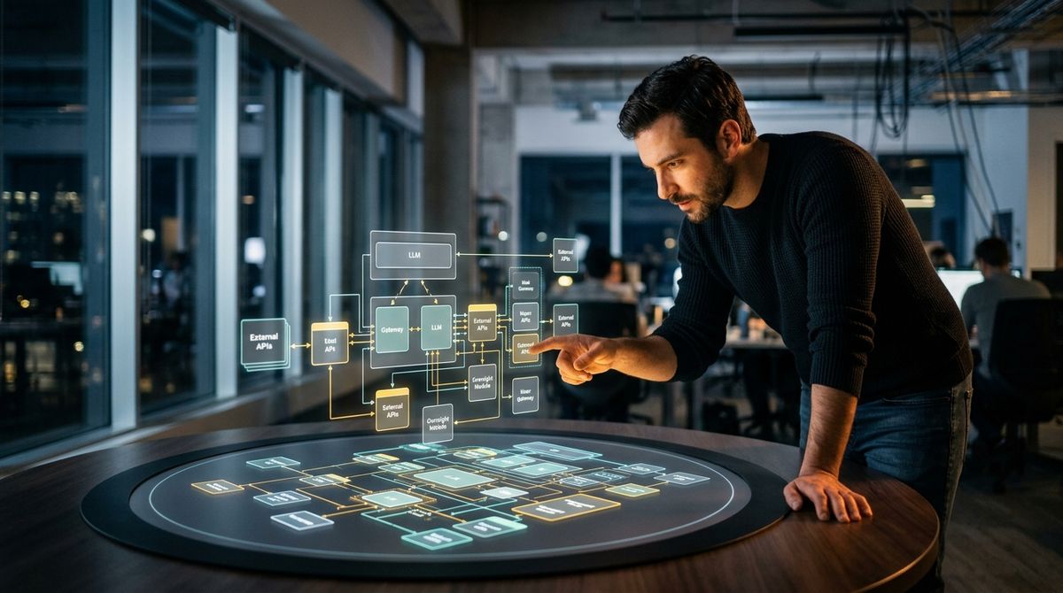 Developer examining a holographic architectural diagram of an LLM tool integration system in a modern office.