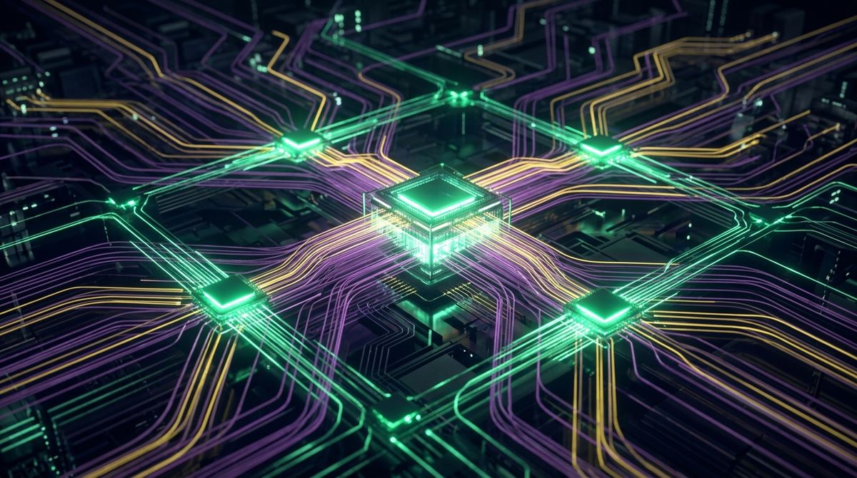 Intricate digital data pipeline with glowing pathways, symbolizing efficient data flow and optimized AI processing.