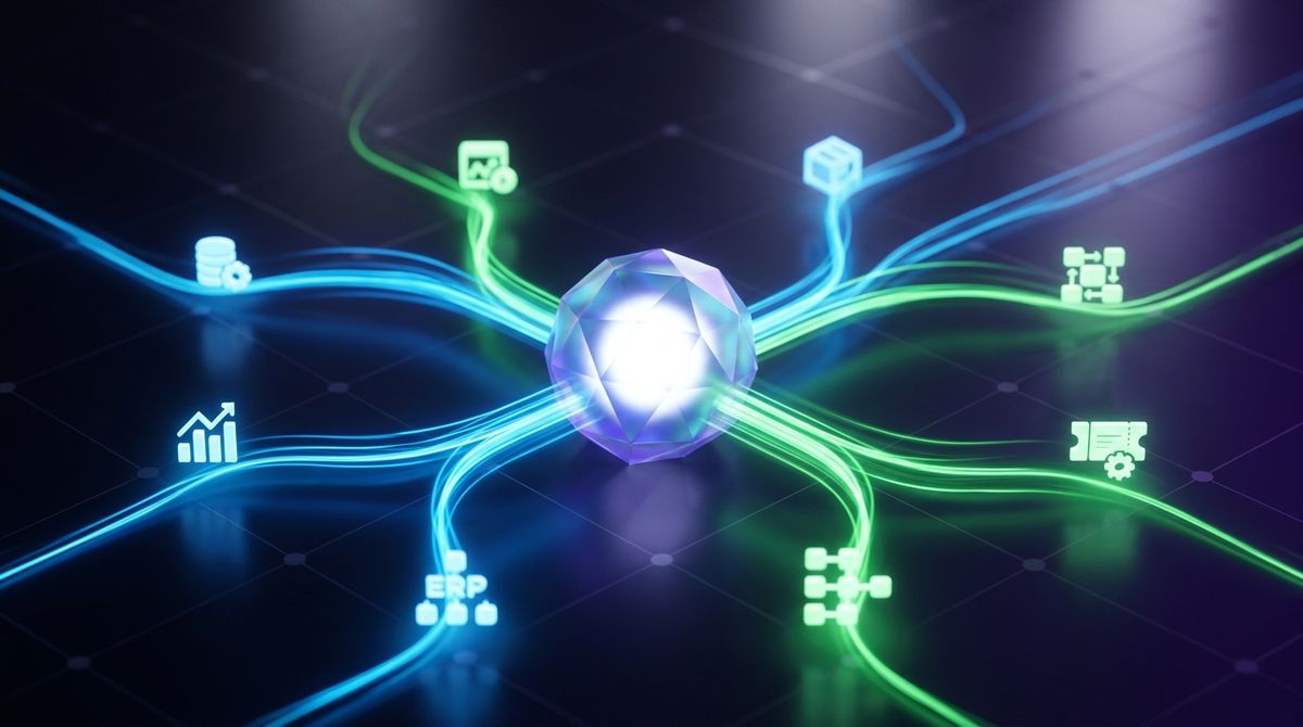 Stylized geometric AI agent orb with glowing light trails connecting to various enterprise software icons.