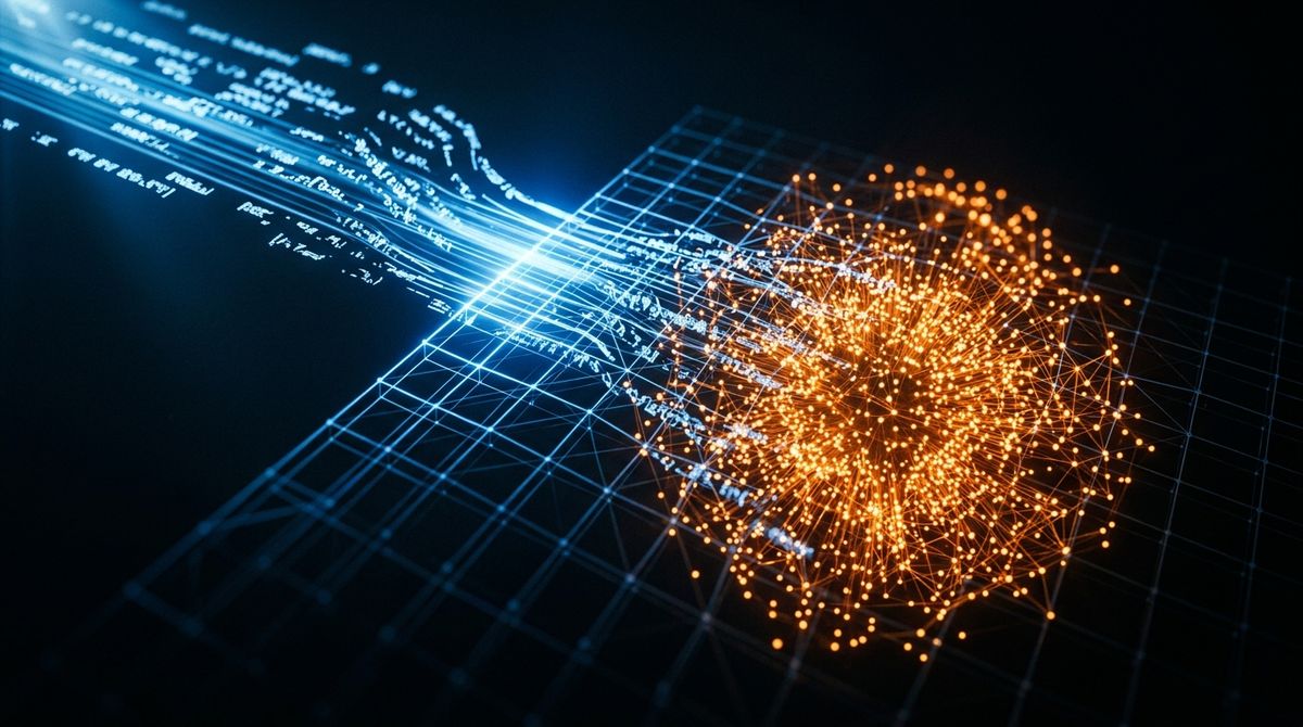 Abstract visualization of text data transforming into glowing, interconnected vector embeddings within a digital grid.