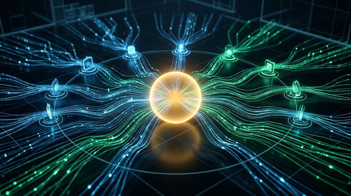 Digital workflow visualization with glowing data paths converging into a central sphere, representing a Model Context Protoco