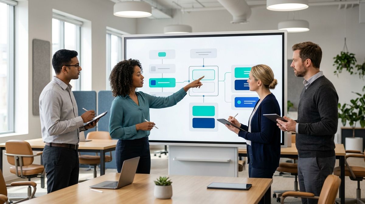Four engineers collaboratively reviewing a modular AI agent architecture diagram on a large digital whiteboard.