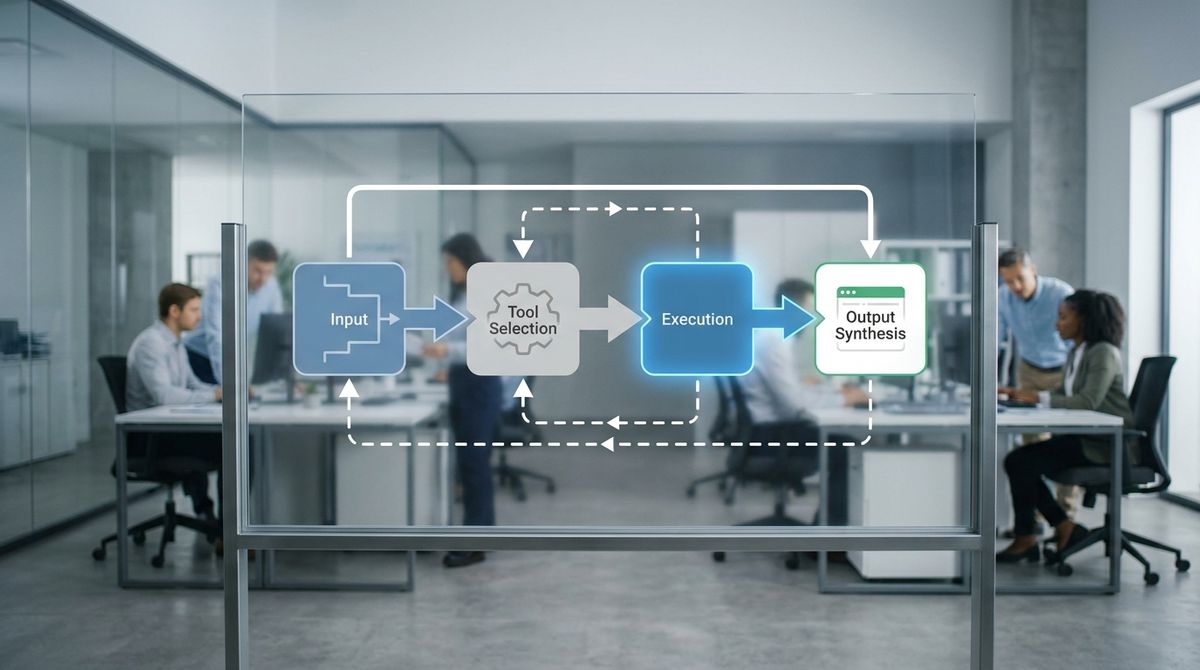 Transparent screen displaying a structured AI agent workflow diagram with sequential processing and tool selection steps.