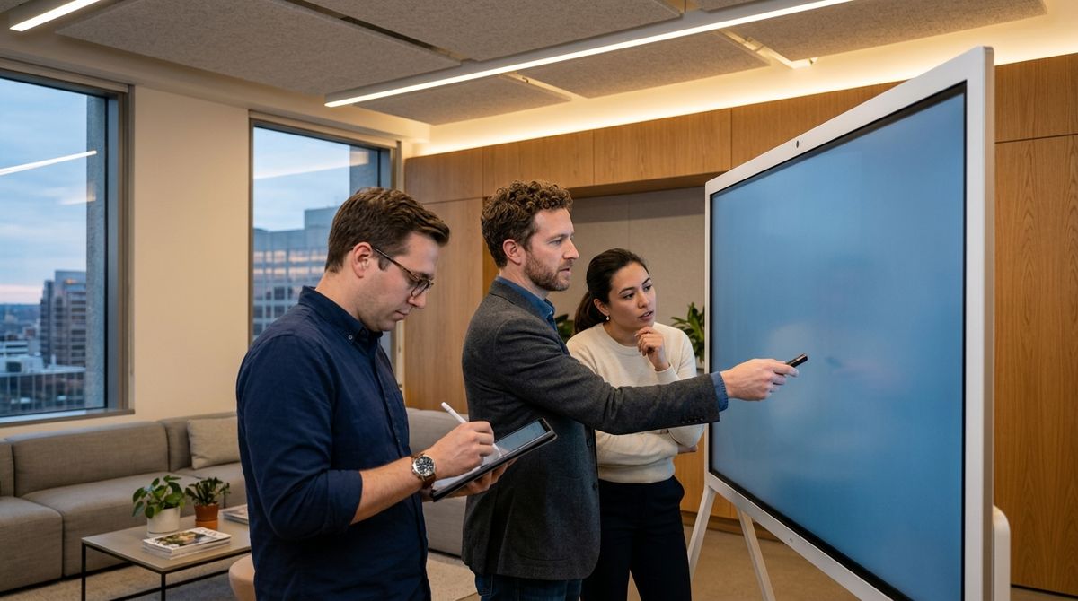 Three engineering and product leads discussing a 'Build vs. Buy' AI feature matrix on a digital whiteboard in a modern office