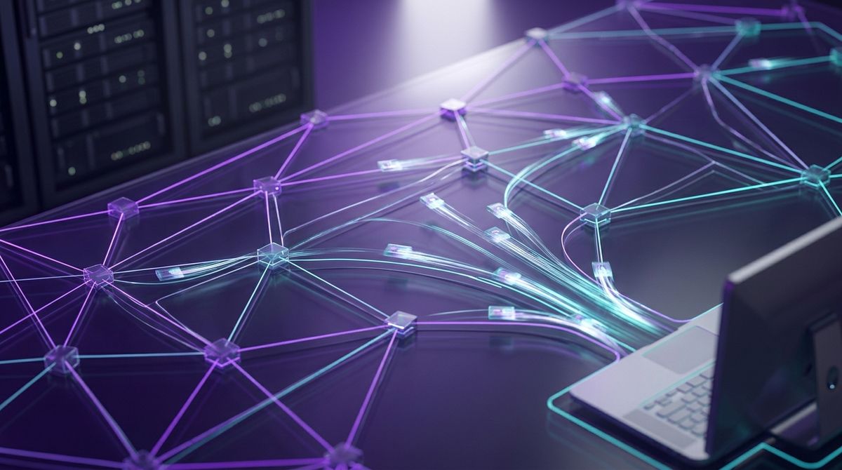 Stylized representation of data tokens streaming across a glowing network diagram from a server to a client device.