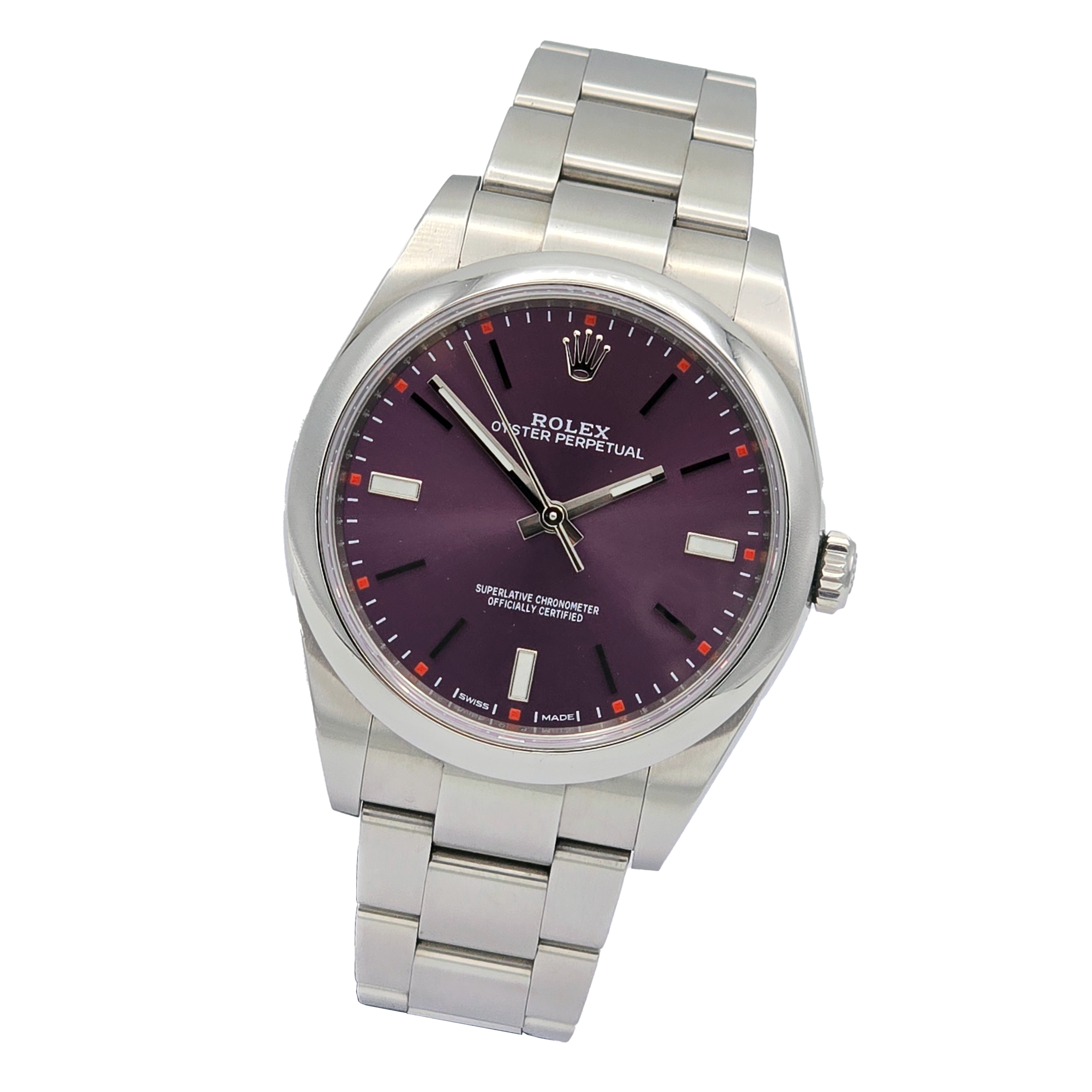 Rolex Oyster Perpetual Red Grape Ref. 114300 — pre-owned luxury watch at Pertempus