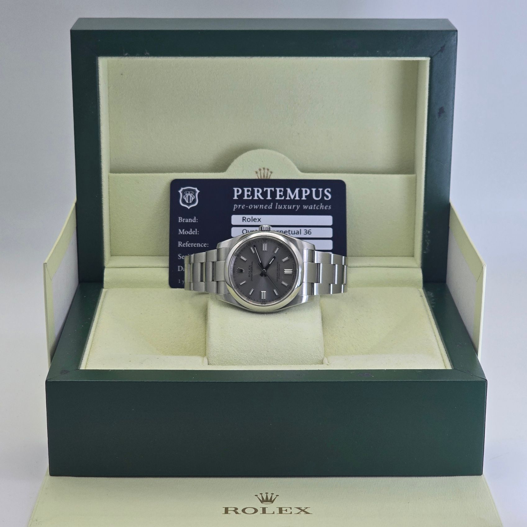 Rolex Oyster Perpetual 36 Grey Dial Ref. 116000 — alternate view — pre-owned luxury watch at Pertempus