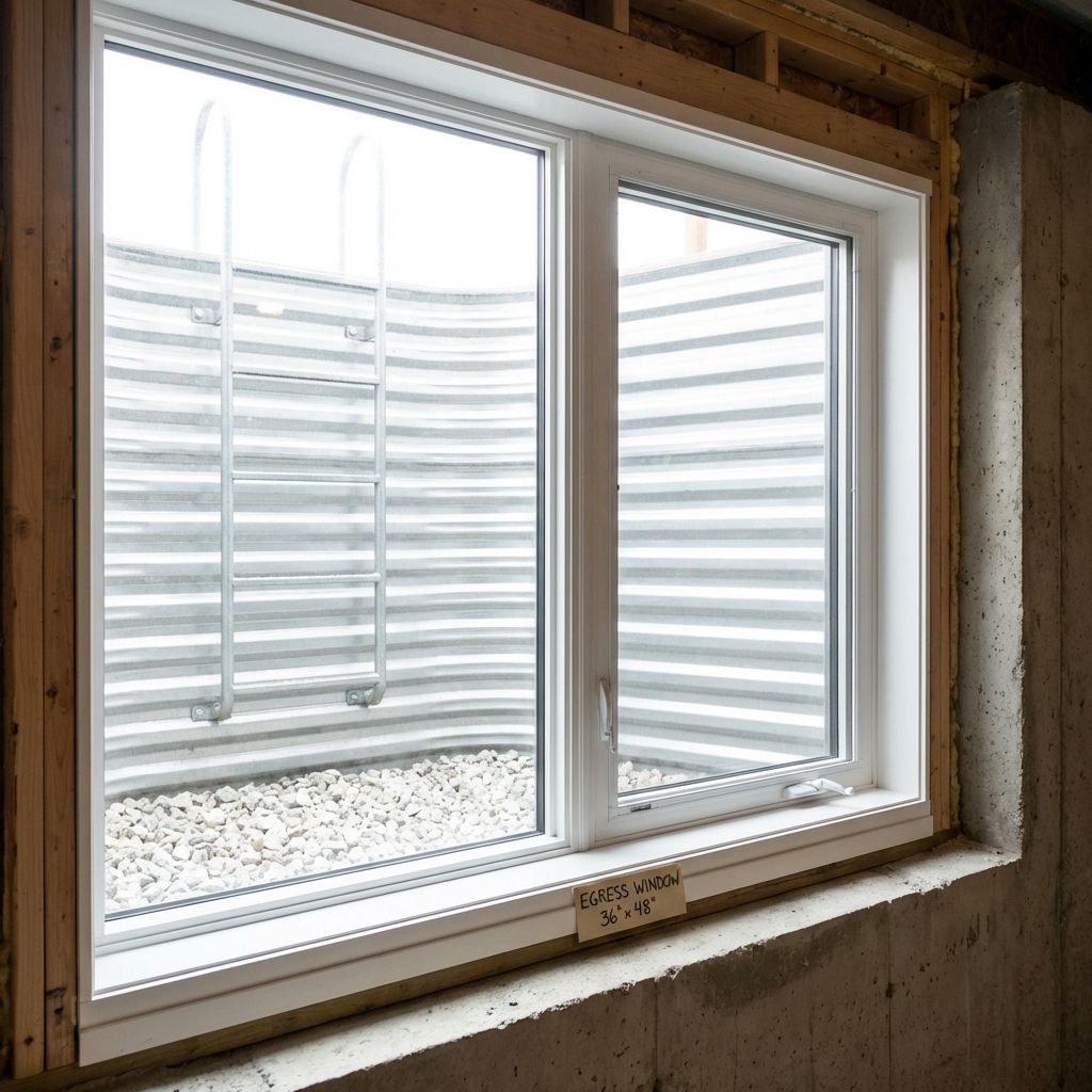 Close-up of legal egress window with window well
