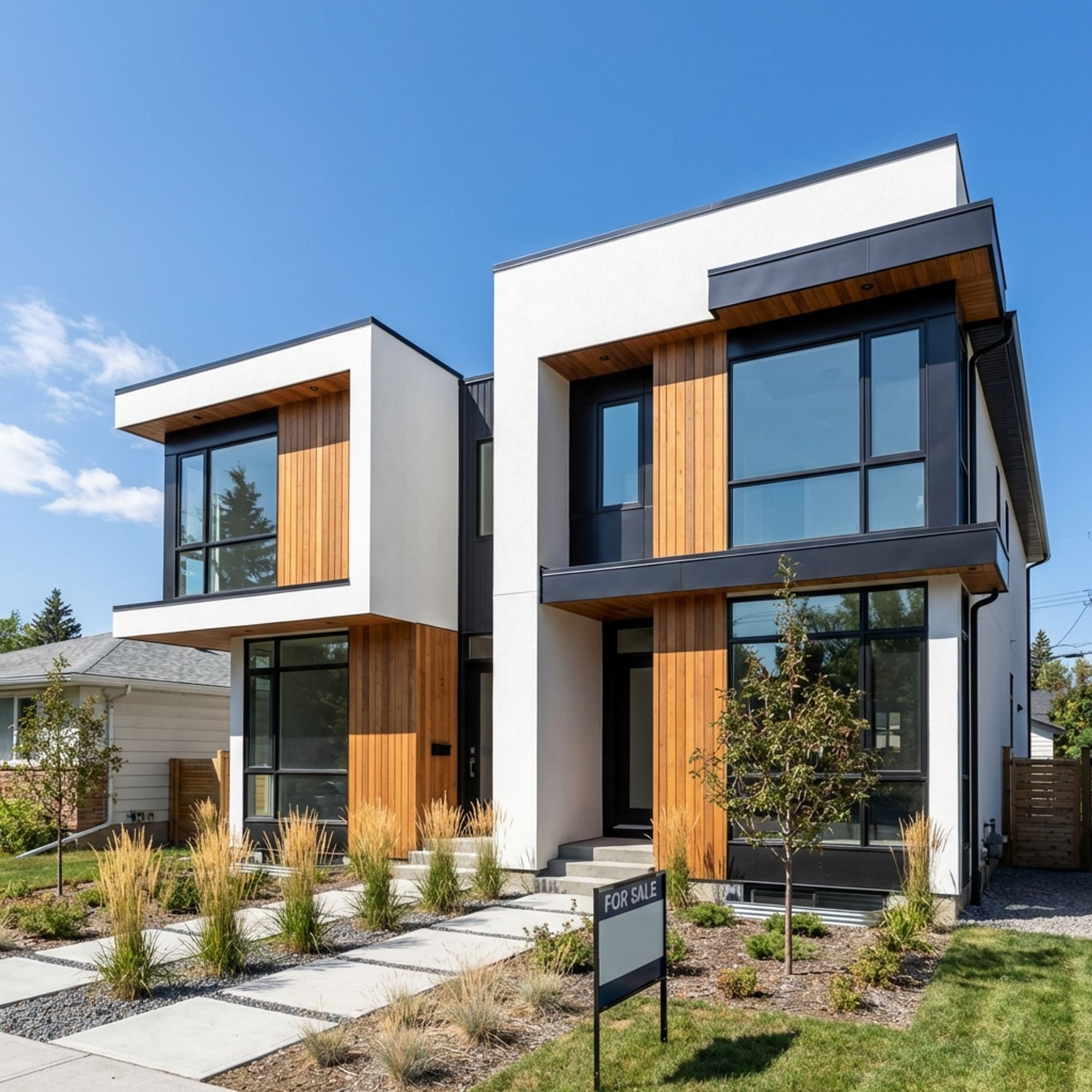 JUST PEAC HOMES modern R-CG semi-detached infill development in Calgary with white stucco and wood accents.