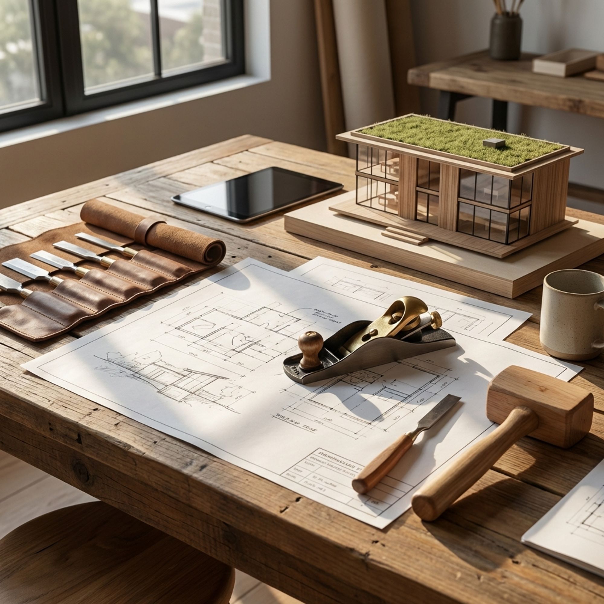 Architectural blueprints and woodworking tools on a drafting table, representing craftsmanship and industrial design.
