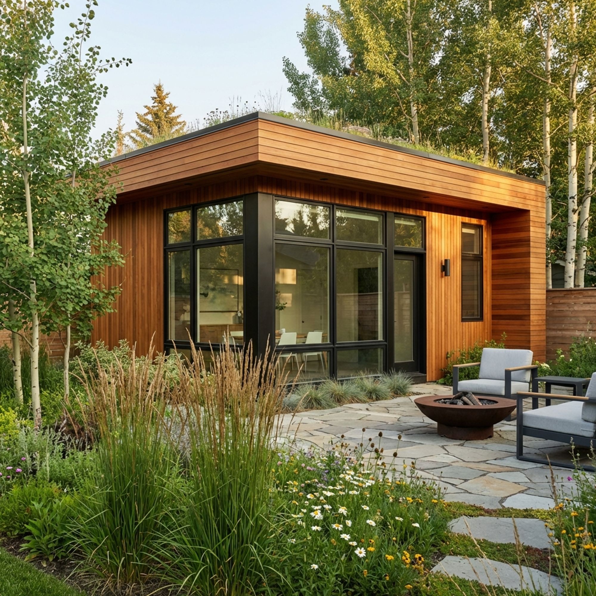 Modern architectural backyard garden suite in Calgary with wood siding