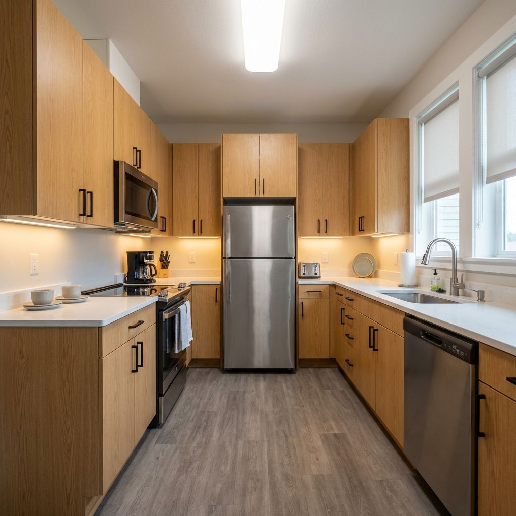 Modern and durable rental suite kitchen with quartz countertops