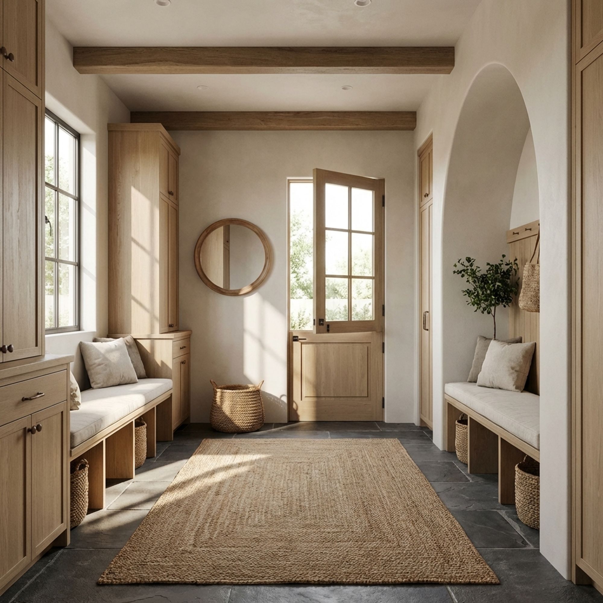 Organized mudroom Calgary with custom cabinetry boot storage and tile flooring for winter gear