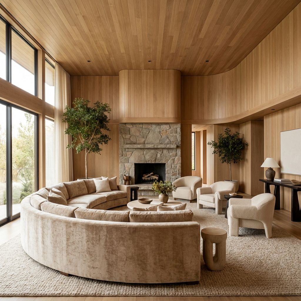 Organic modern interior design Calgary featuring natural wood textures earth tones and minimalist furniture