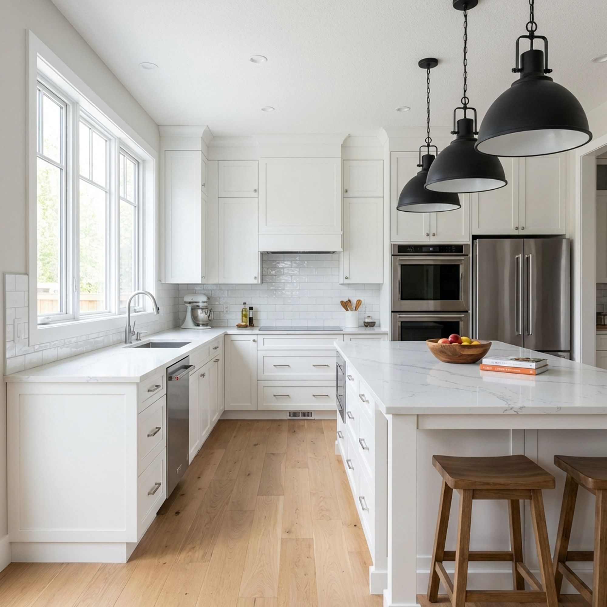 Contemporary kitchen with white cabinets and quartz countertops