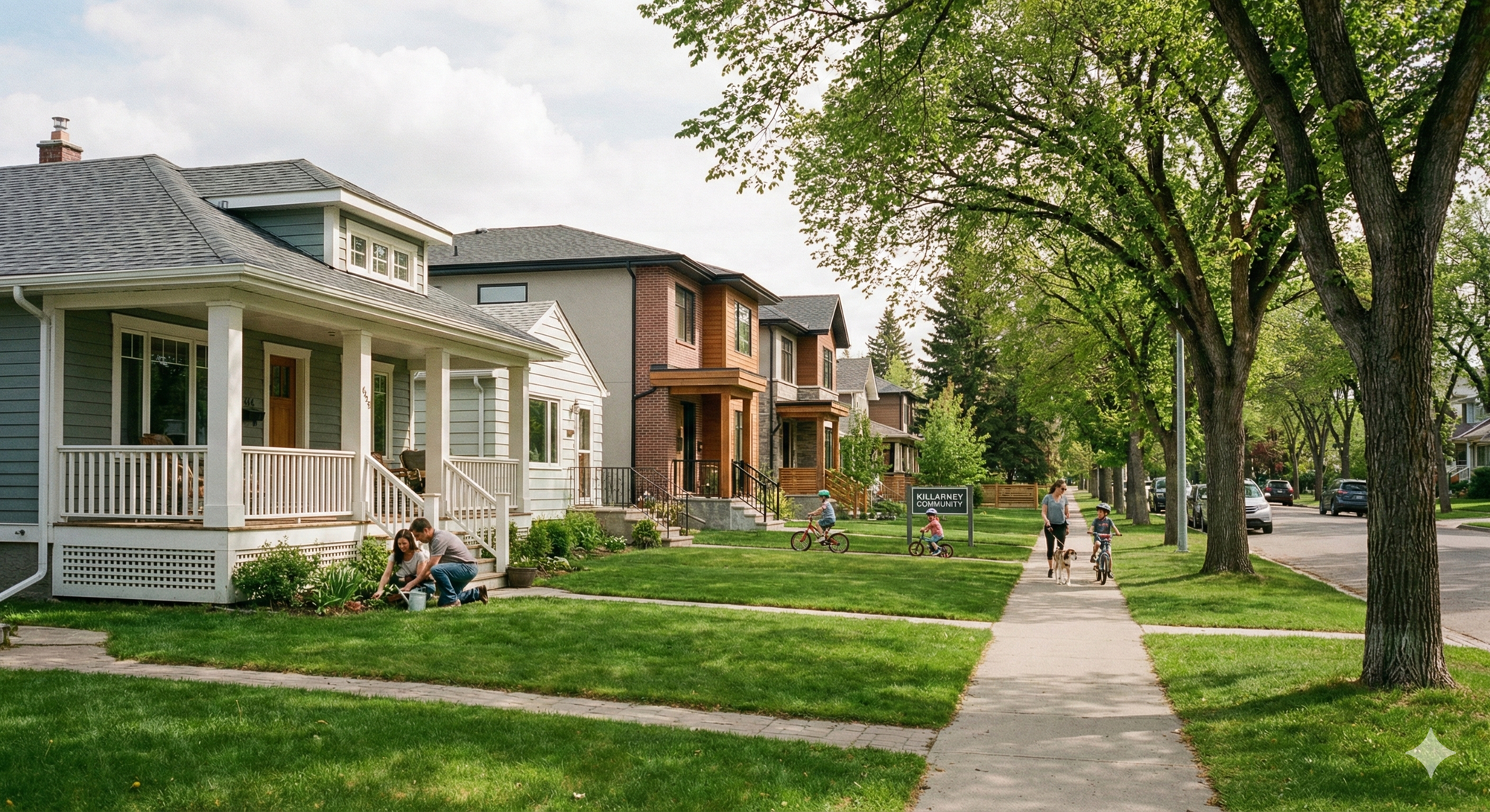 Killarney Calgary neighborhood featuring tree-lined streets and family-friendly character homes